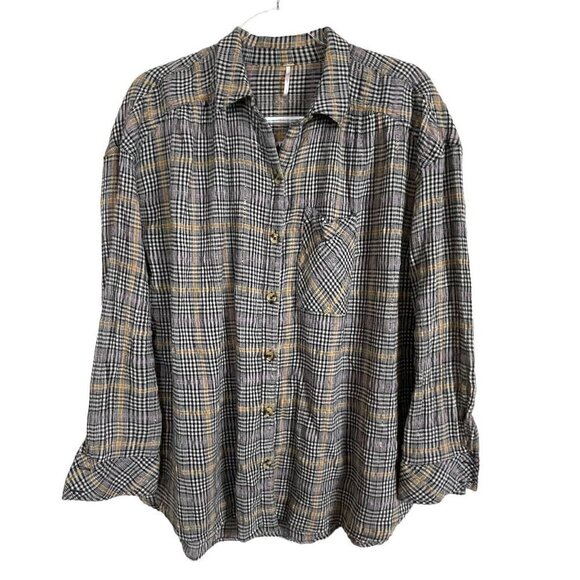 Free People Tops - Free People Button Up Black Pink Orange  Metallic‎ Plaid Shirt Size M